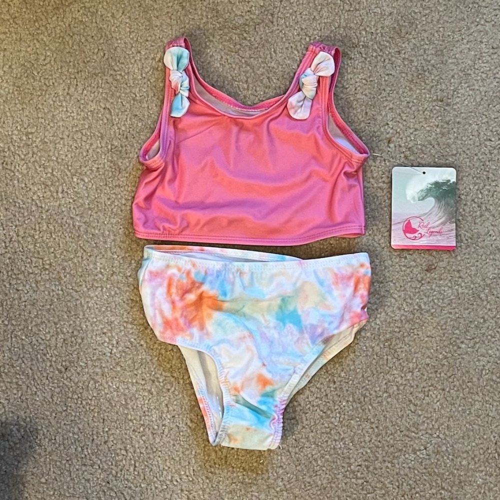 NWT Reel Legends girls 2T two-piece swimsuit, pink and tie-dye multi-colored